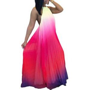 Pleated Halter Maxi Dress - Red (white neckstring)